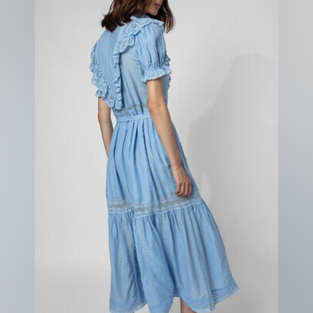 Zadig & Voltaire Women Ruffle A-line Dress Tie Front Short Sleeve Midi Dress - Picture 2 of 4